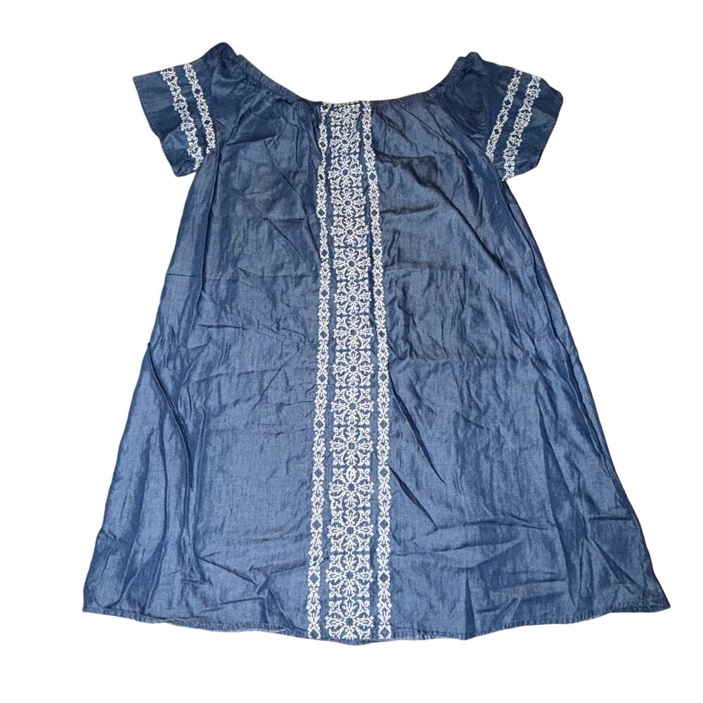 Style & Co Chambray Dress Women's Size L Blue White Embroidered Boho Boat Neck